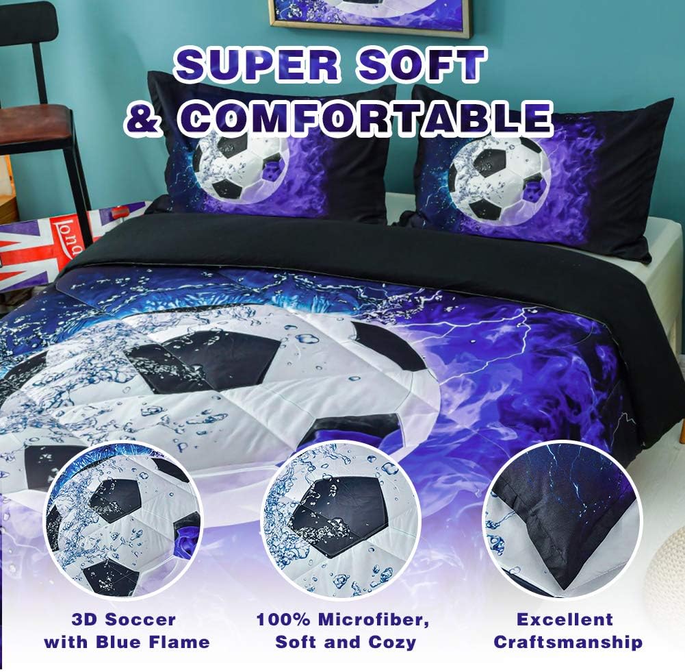 Andency Soccer Comforter Twin Set 2PC Blue Flame
