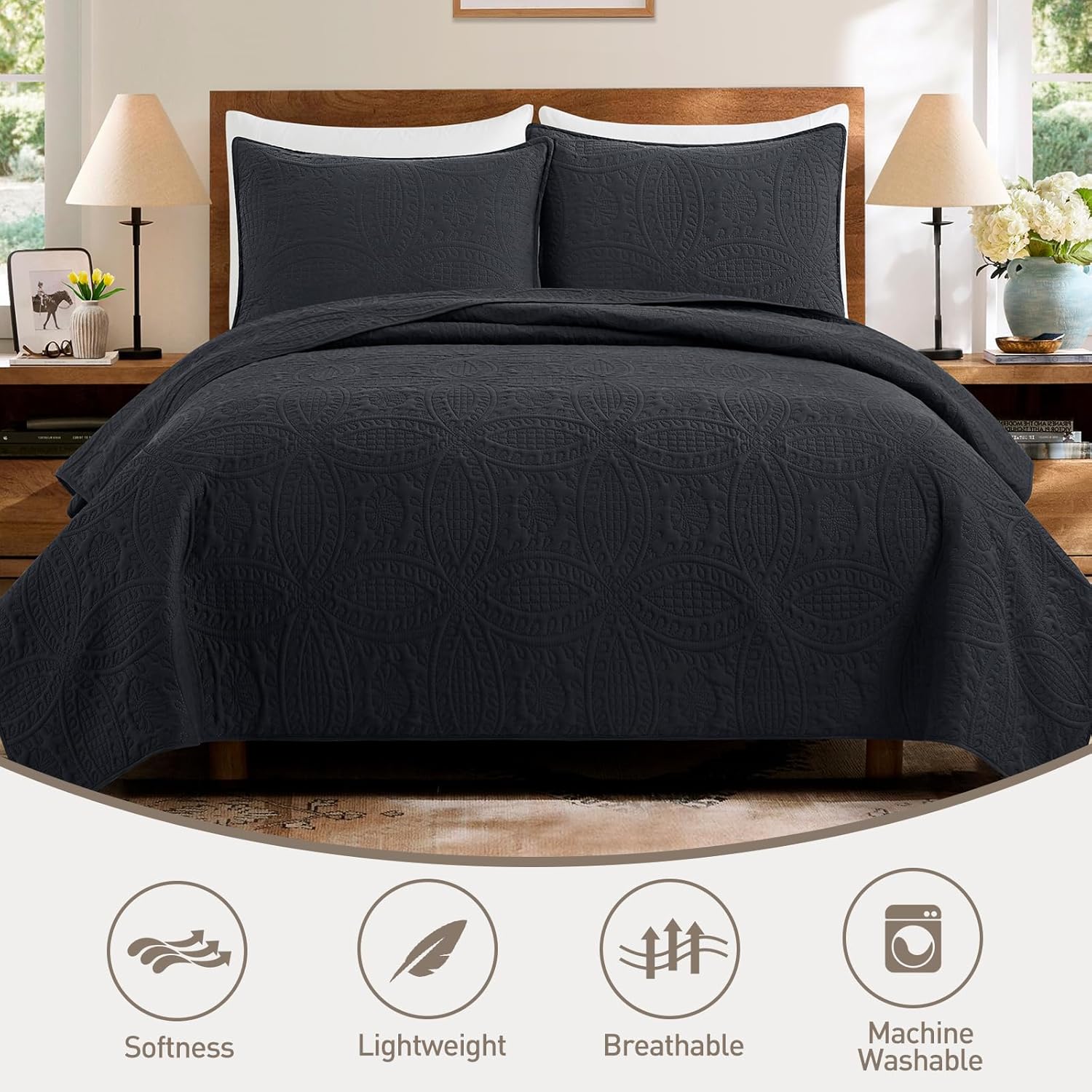 Safonory Quilt Set FullQueen Size 3 Piece Black