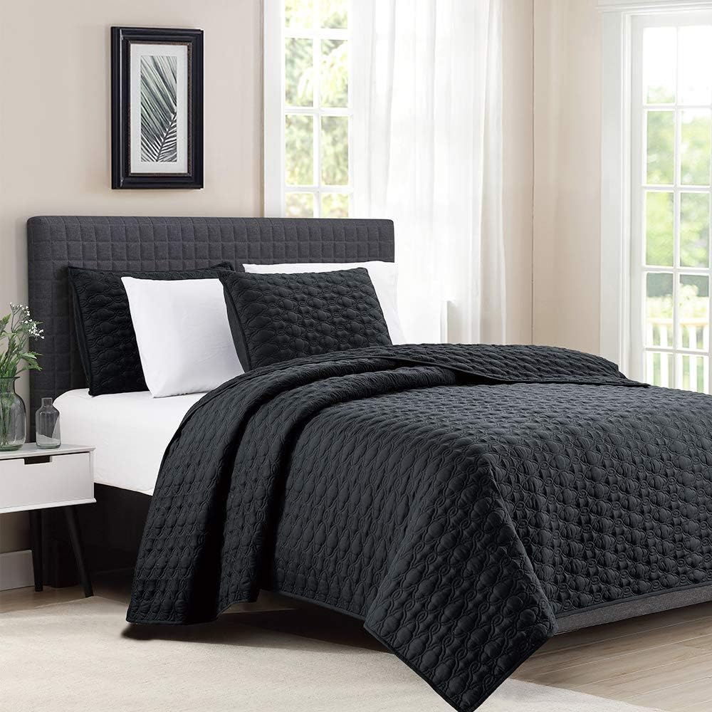 BOURINA 3-Piece King Quilt Set Microfiber Black