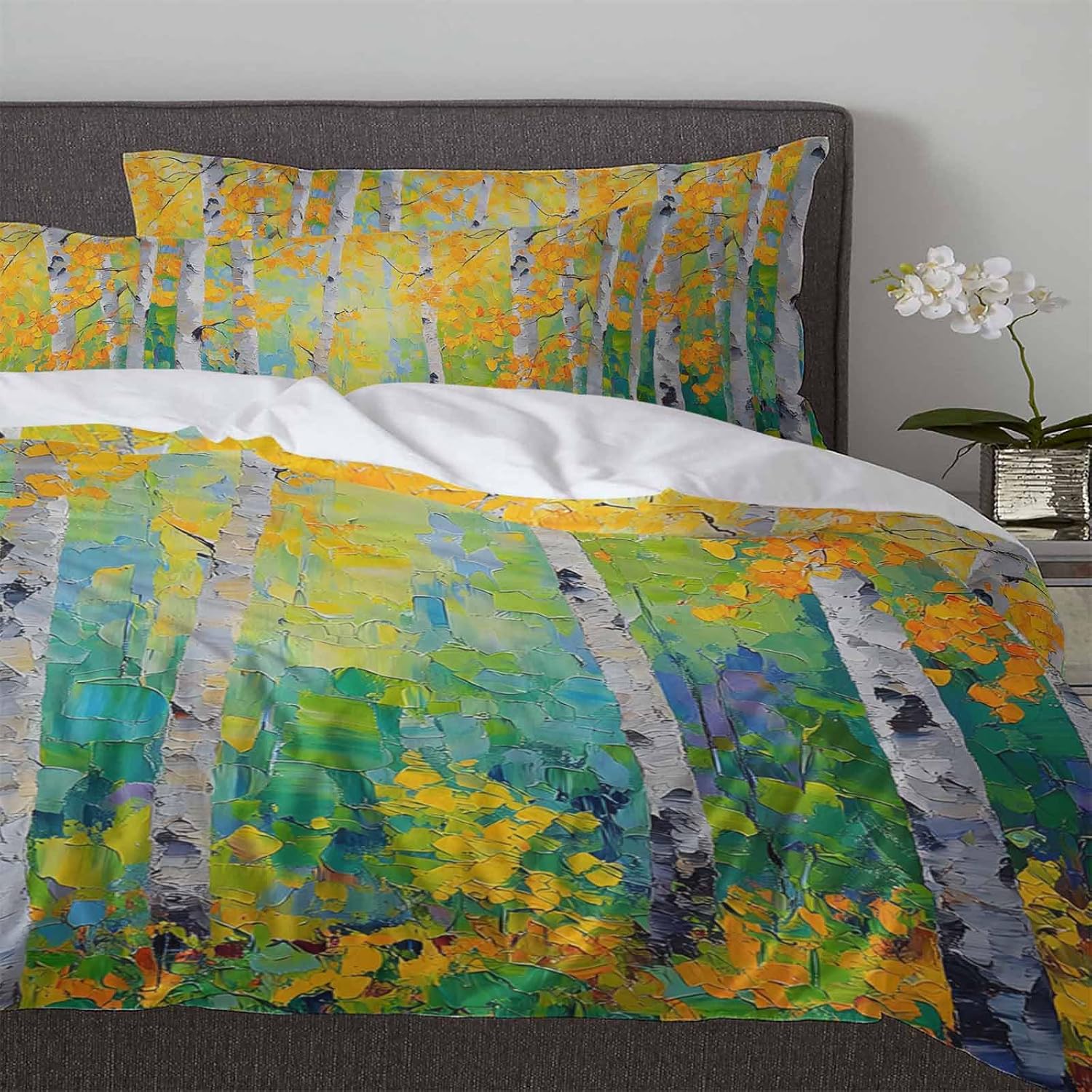 3 Piece Queen Duvet Set with Zipper Yellow Leaves Design