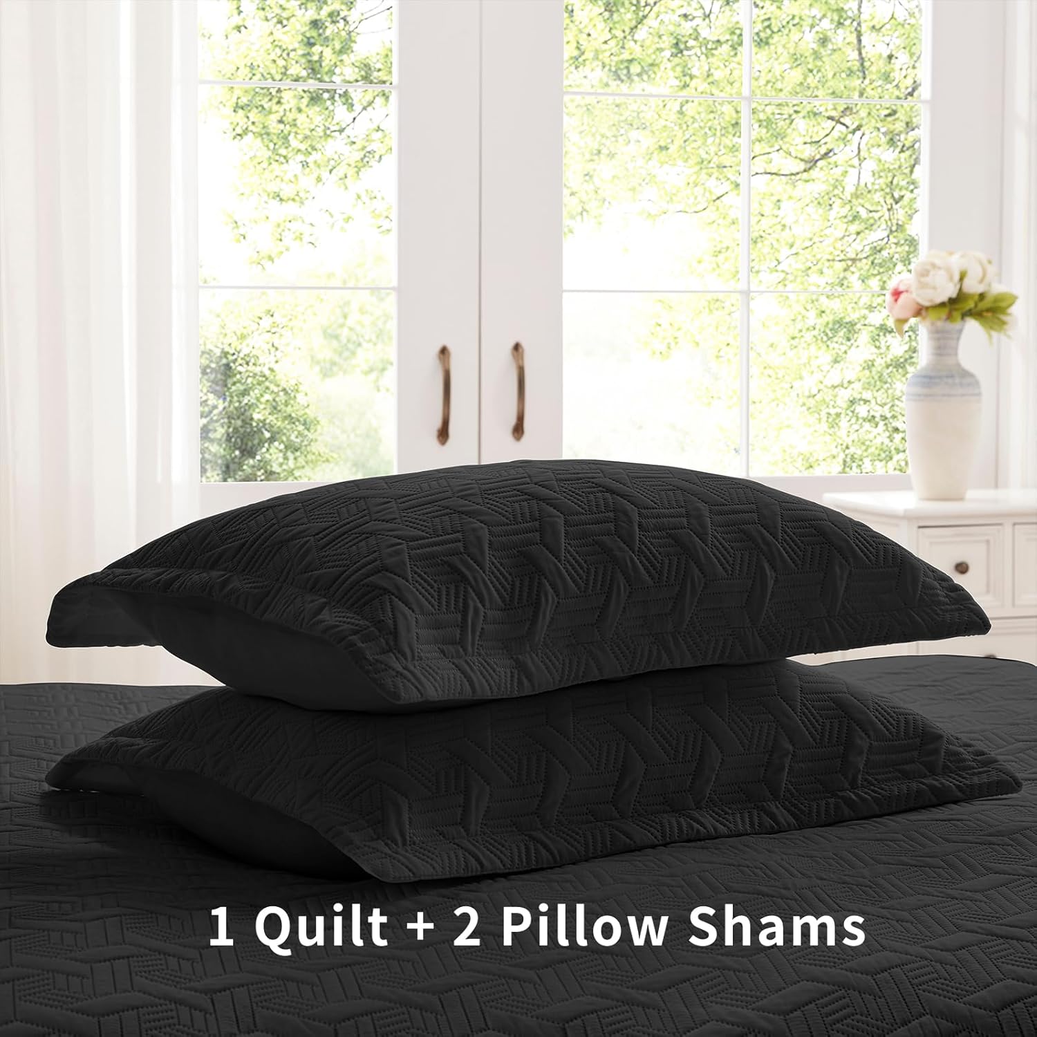 LEAONME King Size Quilt Set 3 Pieces - Black Microfiber Bedspread