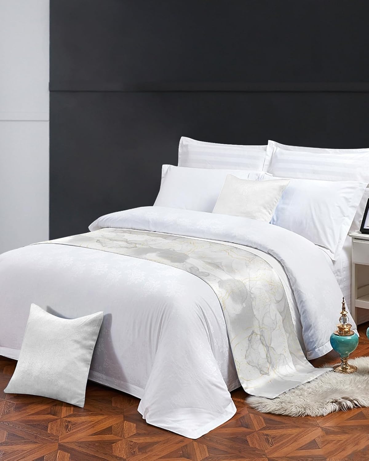 Marble Grey Gold Bed Runner Scarf Full Queen