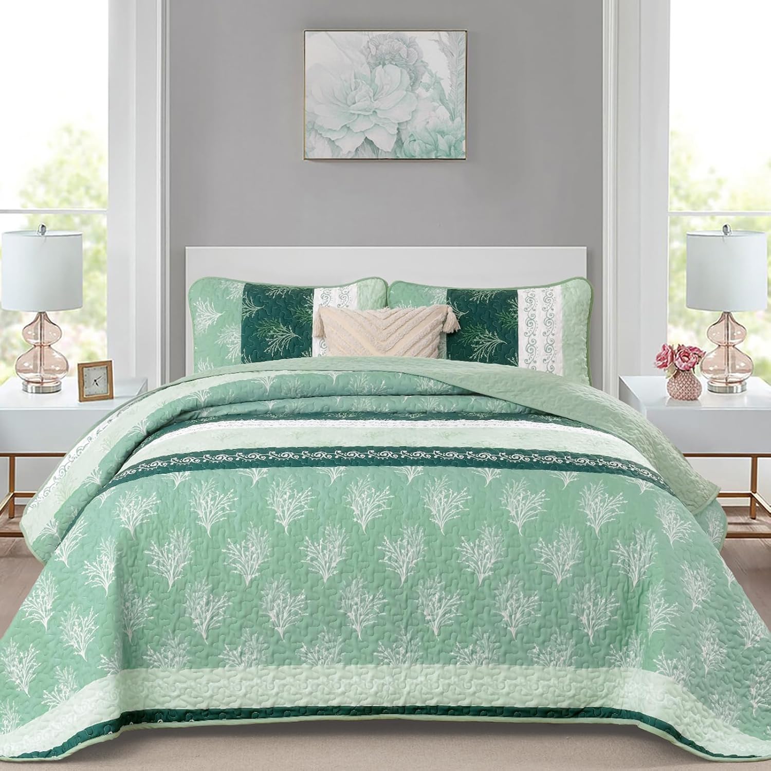 DJY Boho Queen Quilt Set Green Striped Floral Bedspread Coverlet 3 Piece