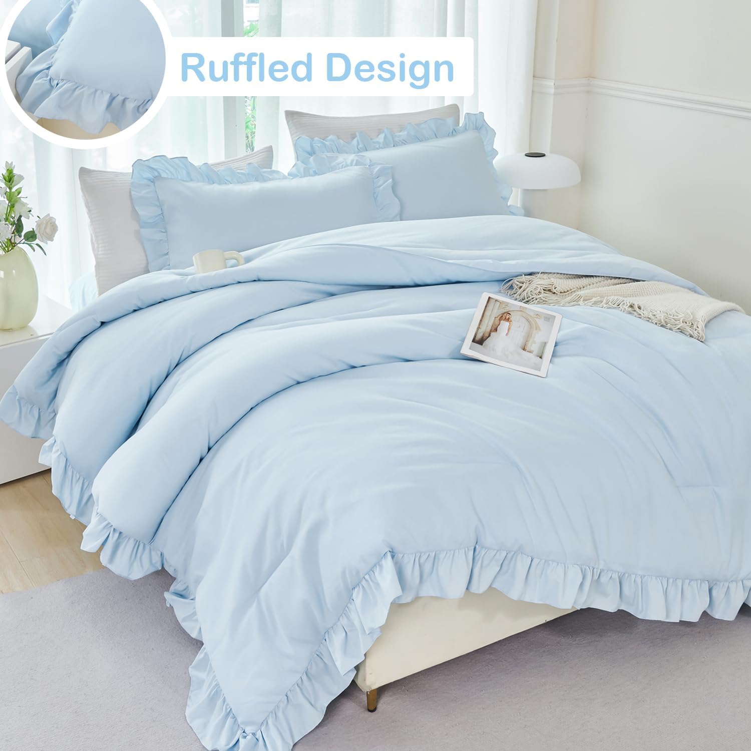 ANGIYUIN Light Blue Ruffle Comforter Set Twin Size 5 Pieces