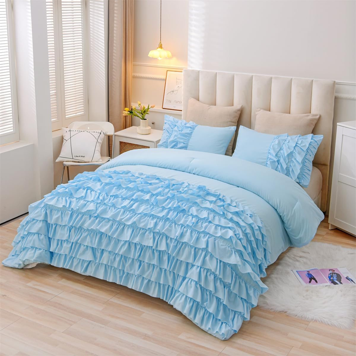 Holawakaka Light Blue Waterfall Ruffle Comforter Set