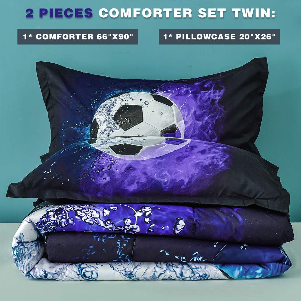 Andency Soccer Comforter Twin Set 2PC Blue Flame
