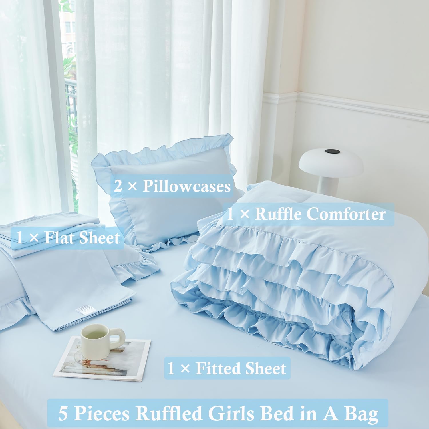 ANGIYUIN Light Blue Ruffle Comforter Set Twin Size 5 Pieces