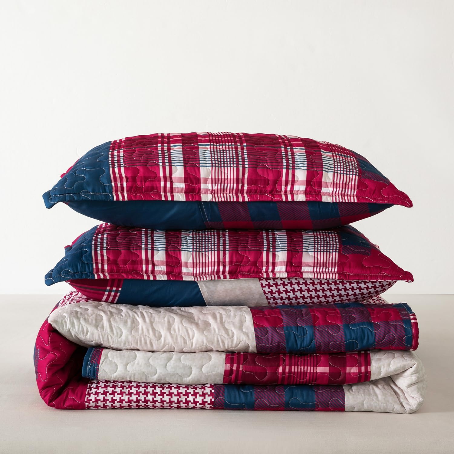 DURLENGEN Red Navy Patchwork Quilt Set 3Pcs