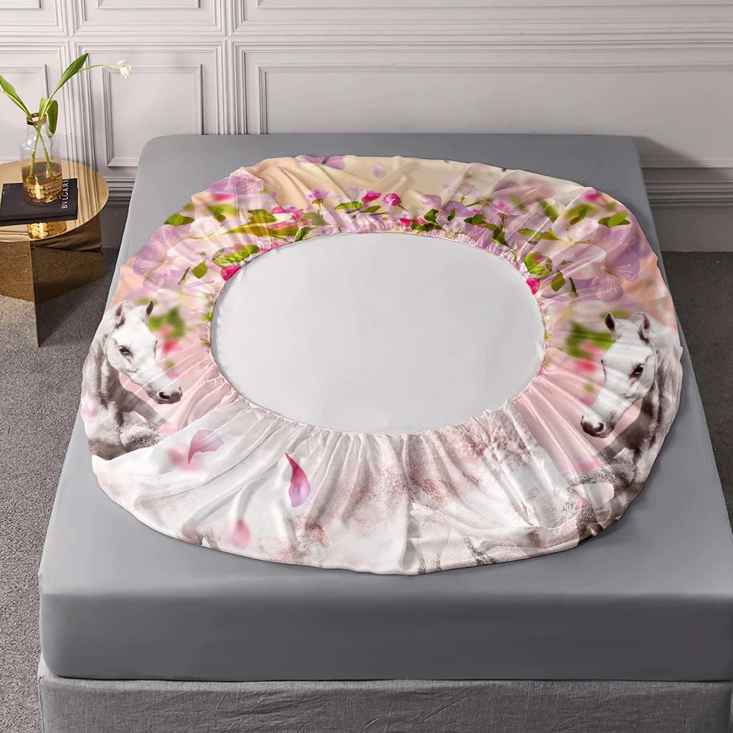 HOSIMA Pink Floral Horse Fitted Sheet Set Twin Size