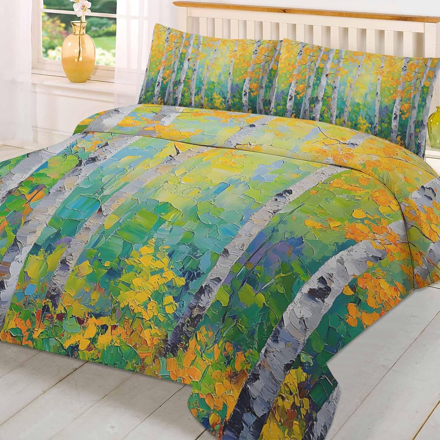 3 Piece Queen Duvet Set with Zipper Yellow Leaves Design