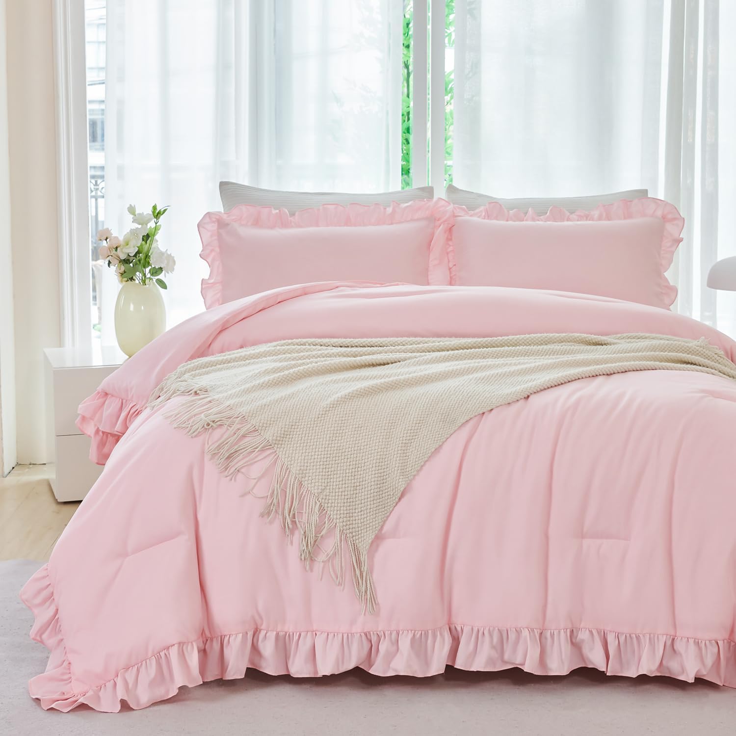 ANGIYUIN Pink Girls Comforter Set 5 Piece Bed in A Bag