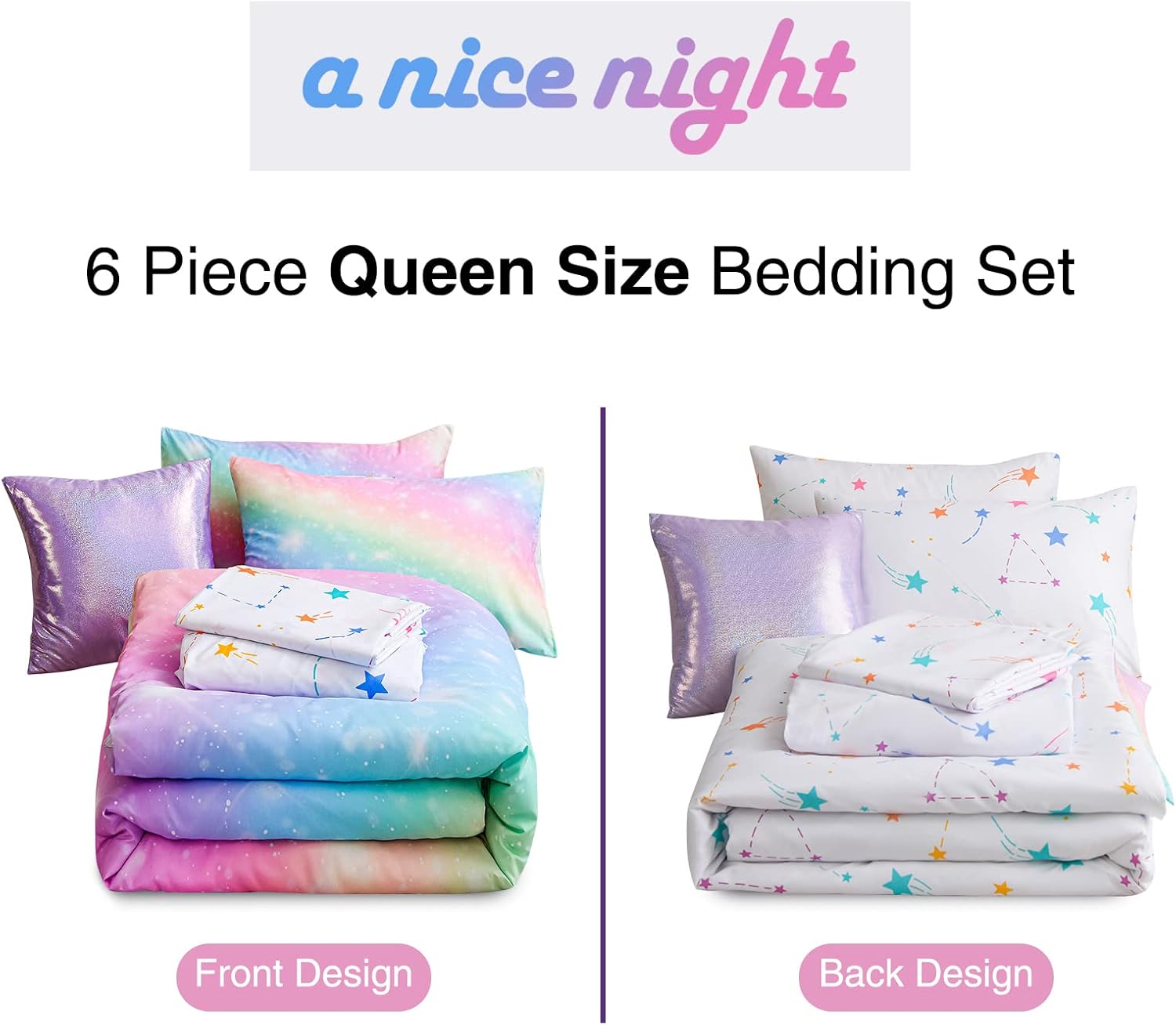 A Nice Night 6Pcs Gradient Glitter Bedding Set for Girls