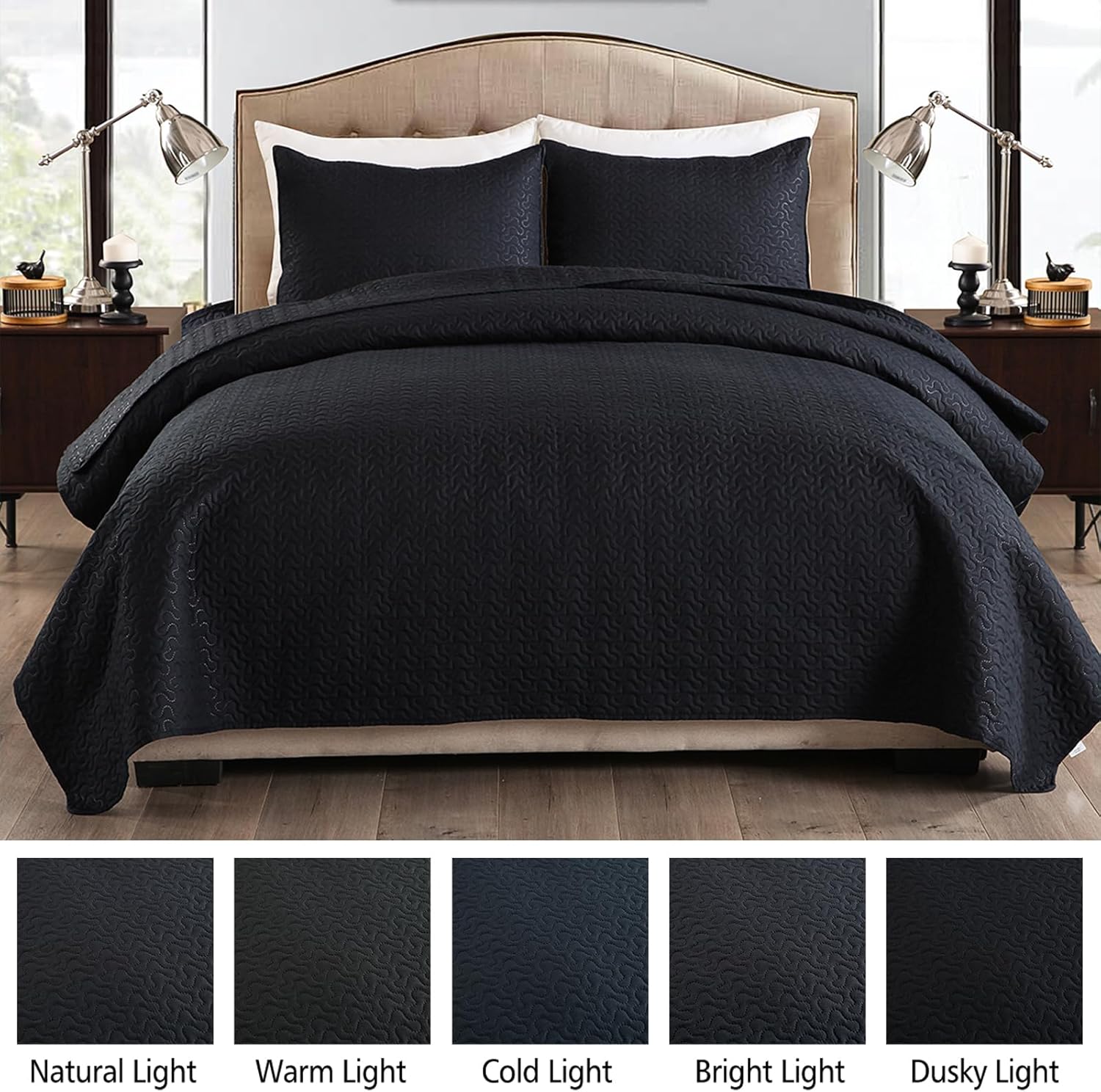 JML Quilt Set - 3 Piece Embossed Stripe Black for King Bed