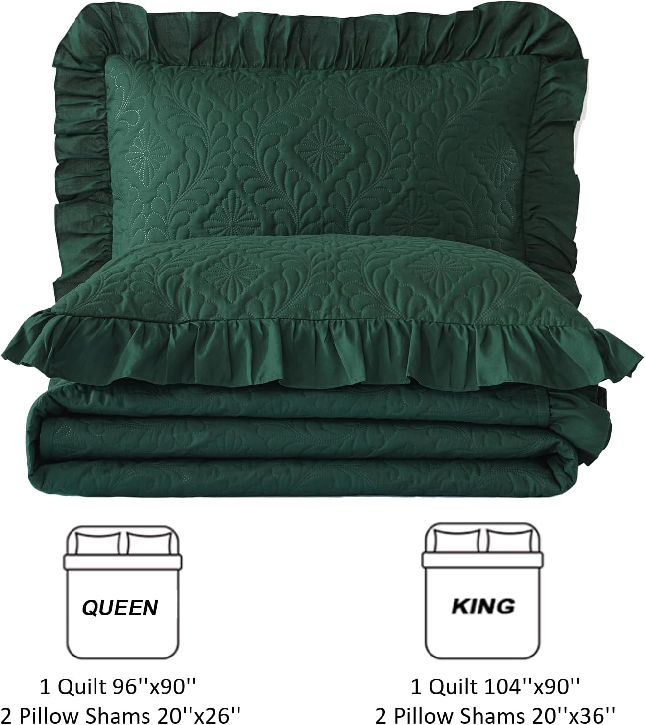 Emerald Green King Quilt Set 3 Piece Ruffled