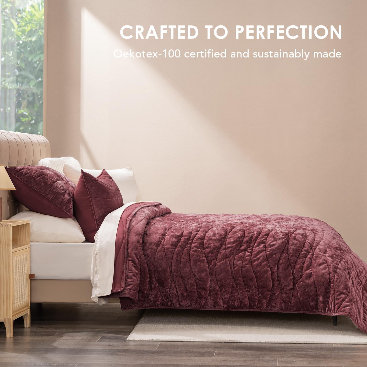 EVERGRACE Luxury Velvet Quilt Set Queen Size Burgundy