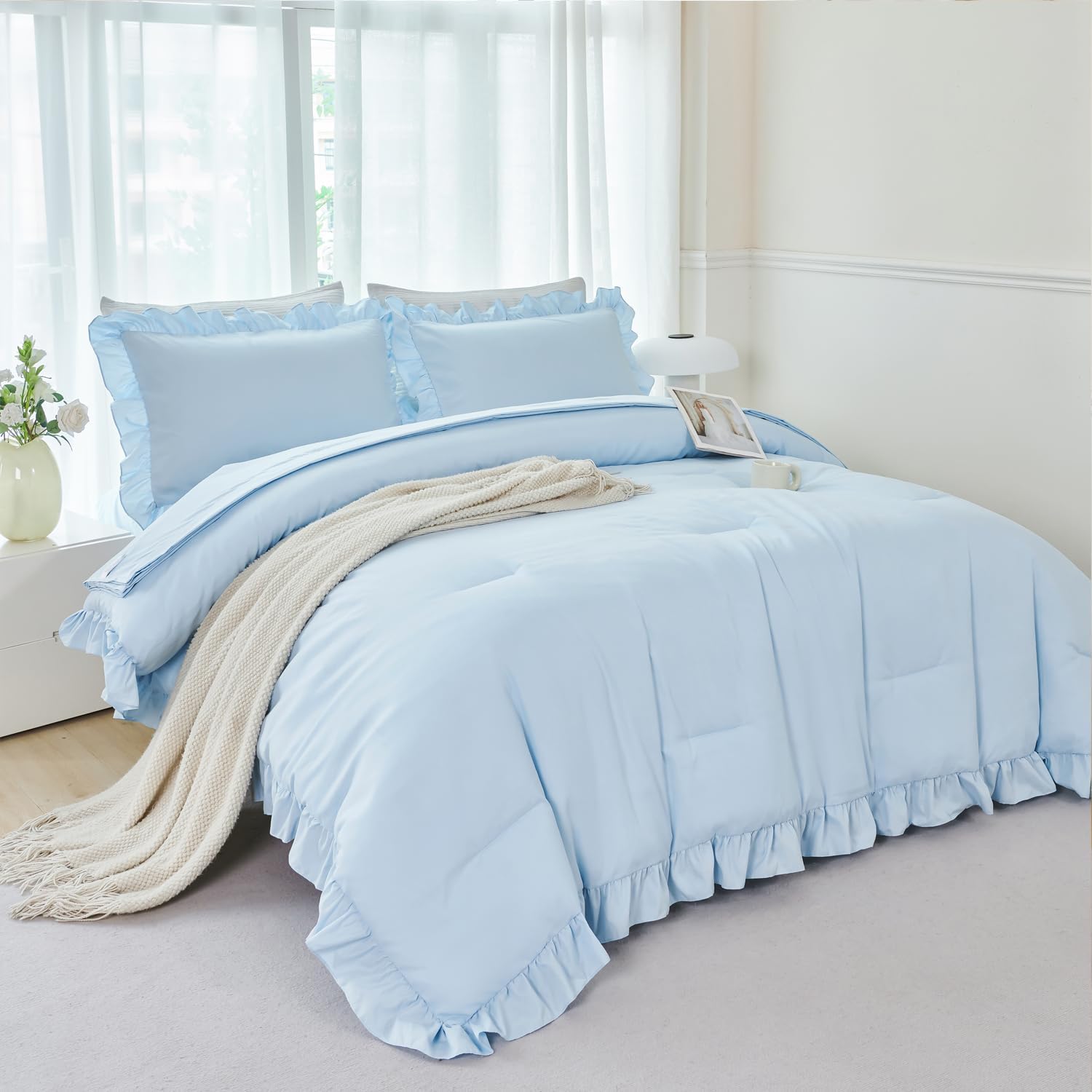 ANGIYUIN Light Blue Ruffle Comforter Set Twin Size 5 Pieces