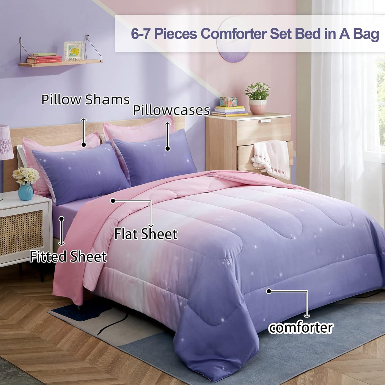 Dinjoy Girls Ombre Comforter Set 7 Piece Bed in a Bag