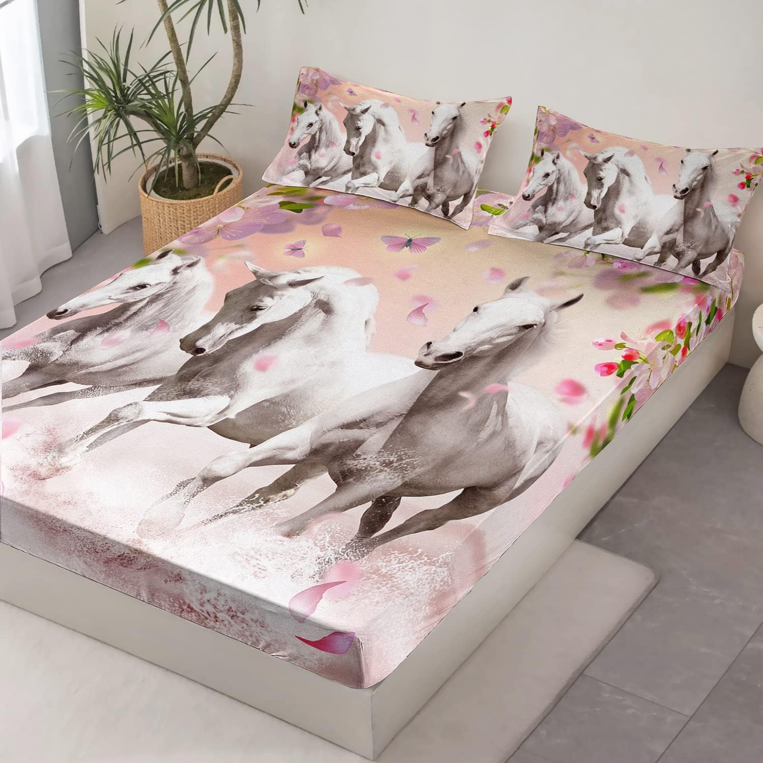 HOSIMA Pink Floral Horse Fitted Sheet Set Twin Size