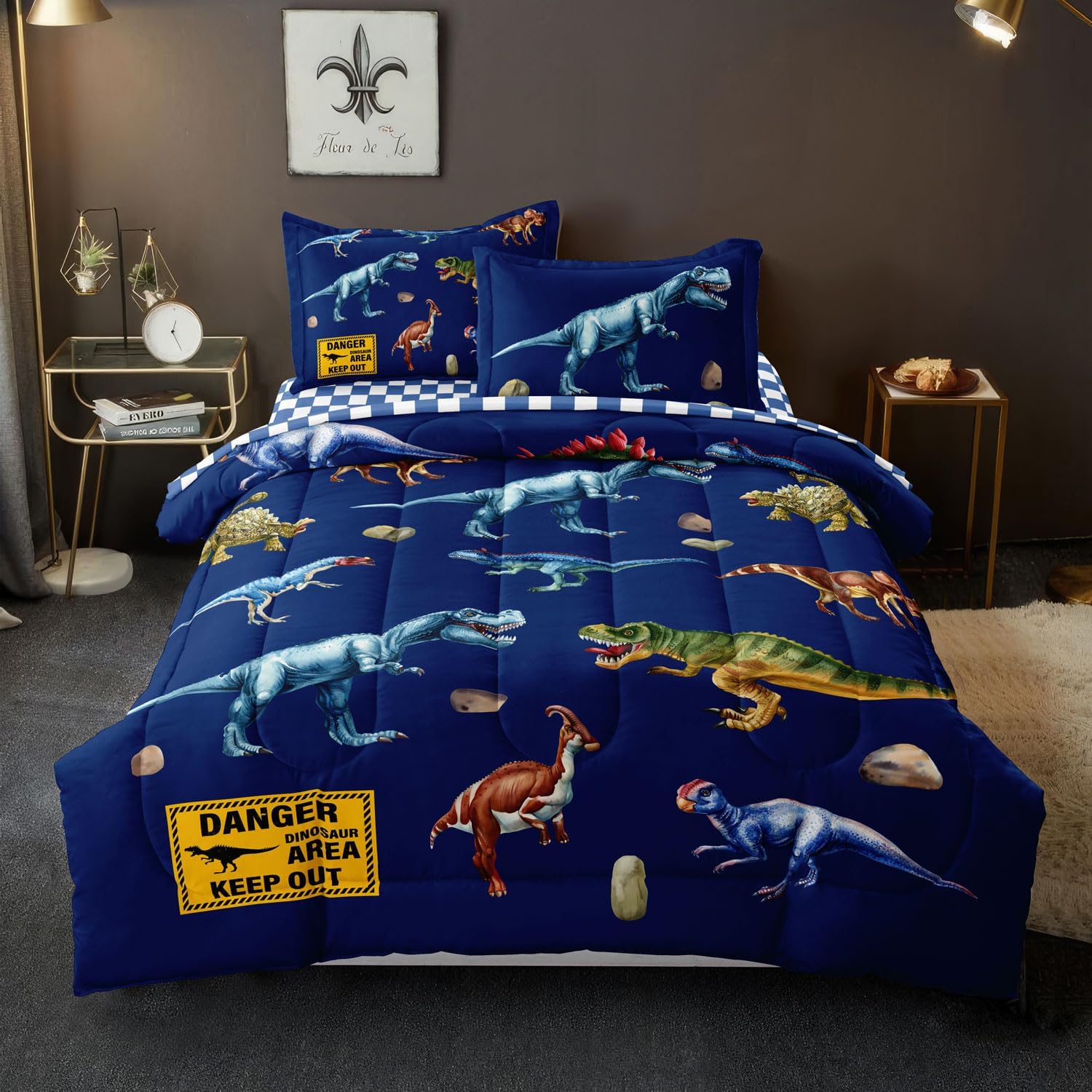 Leaflin Kid Twin Comforter Set - Dinosaur Themed Blue Bedding