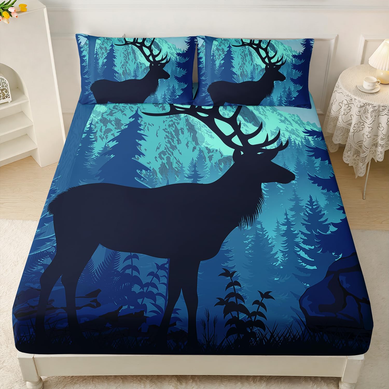 AILONEN Black Cartoon Deer Twin XL Fitted Sheet Set