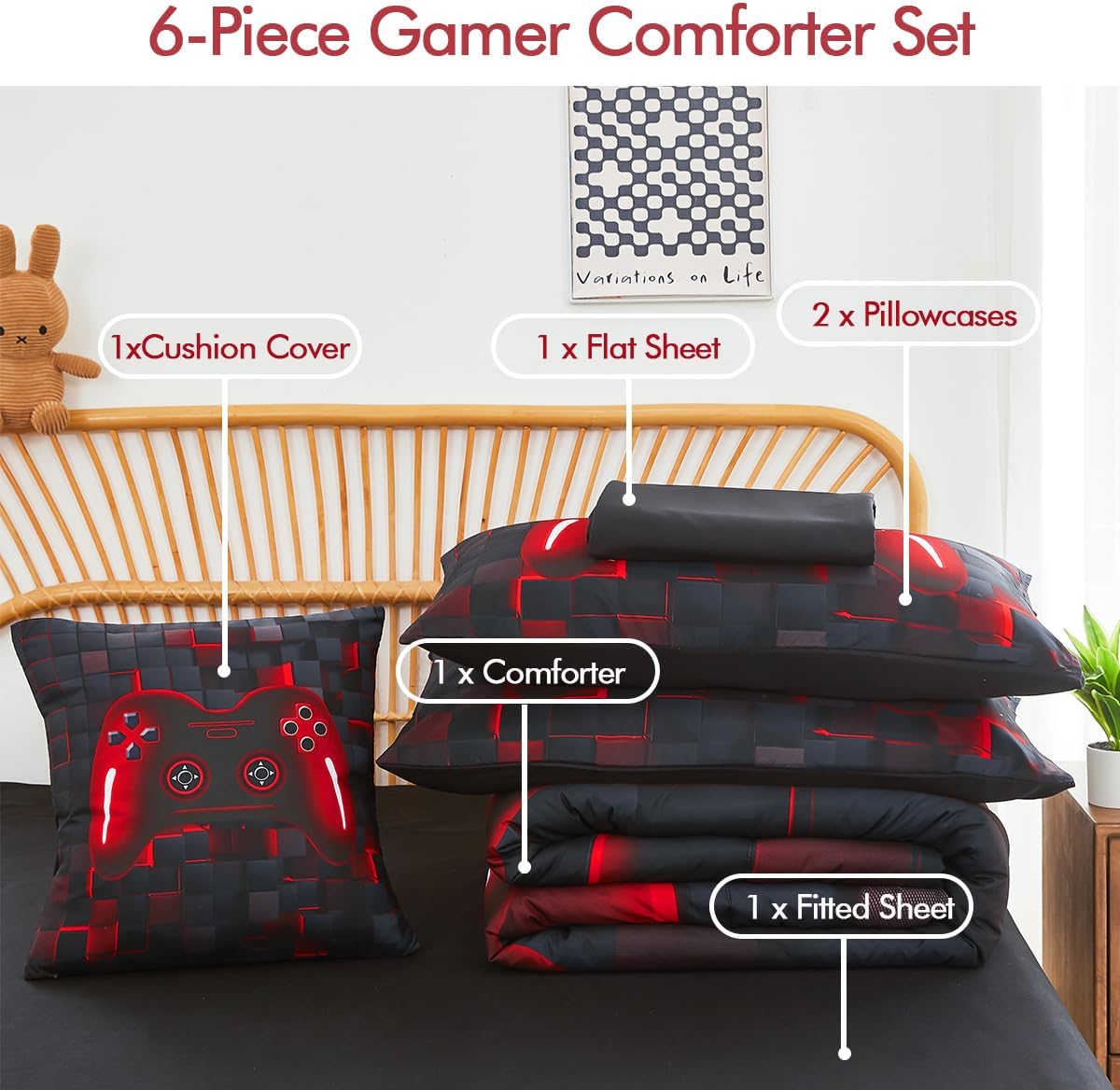 PERFEMET Boys Gaming Bedding Set Twin 6-Piece