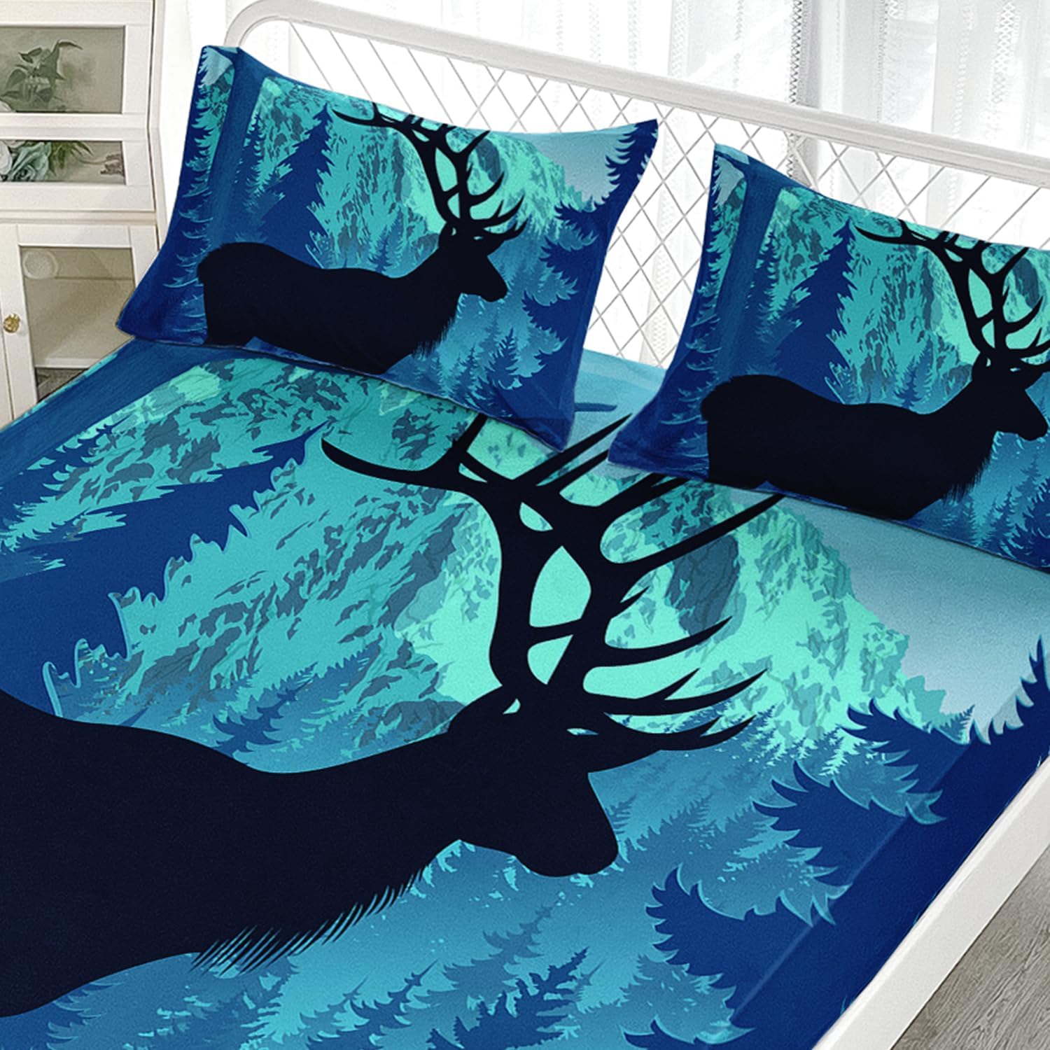 AILONEN Black Cartoon Deer Twin XL Fitted Sheet Set