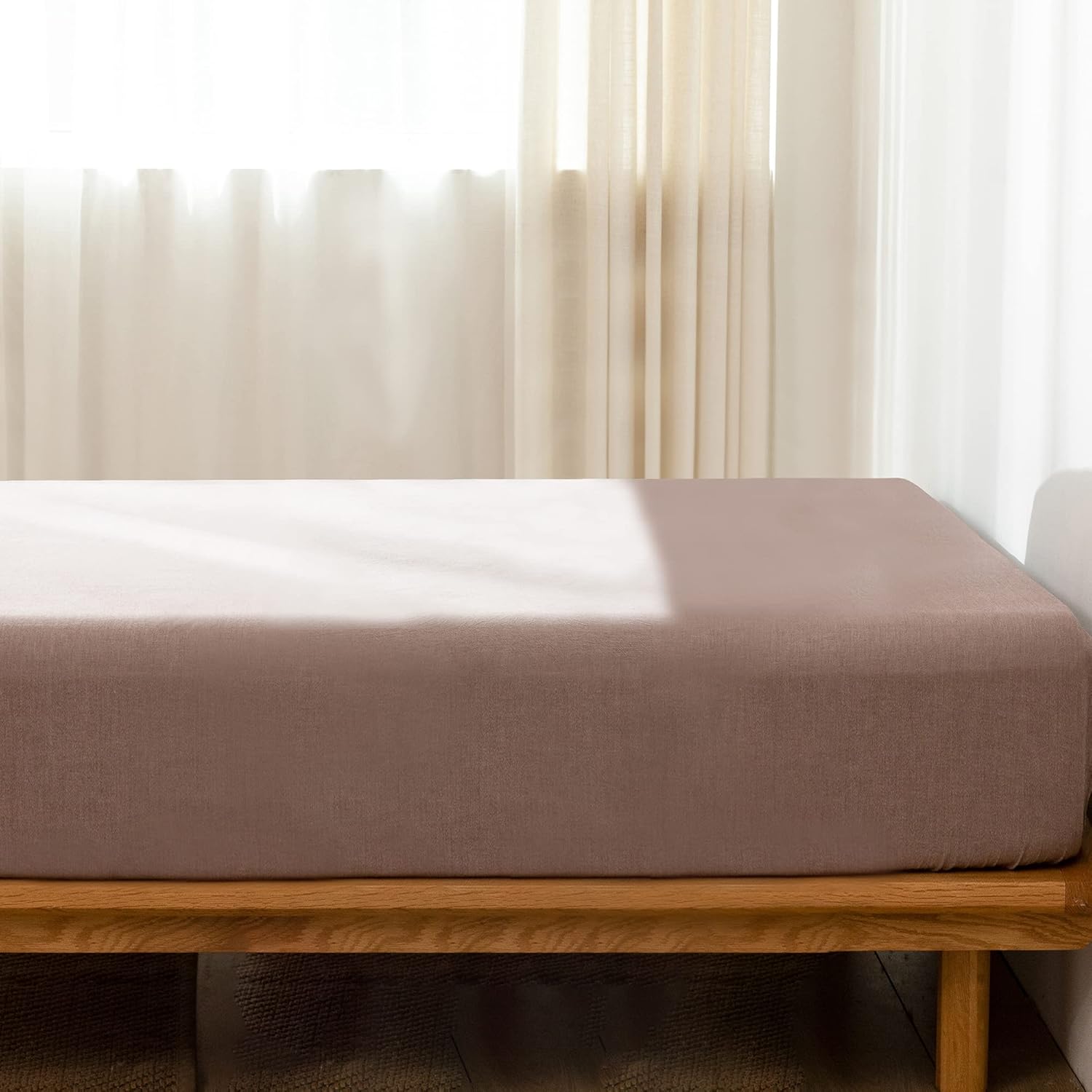 MooMee Fitted Sheet 100 Washed Cotton Queen Mauve Brown