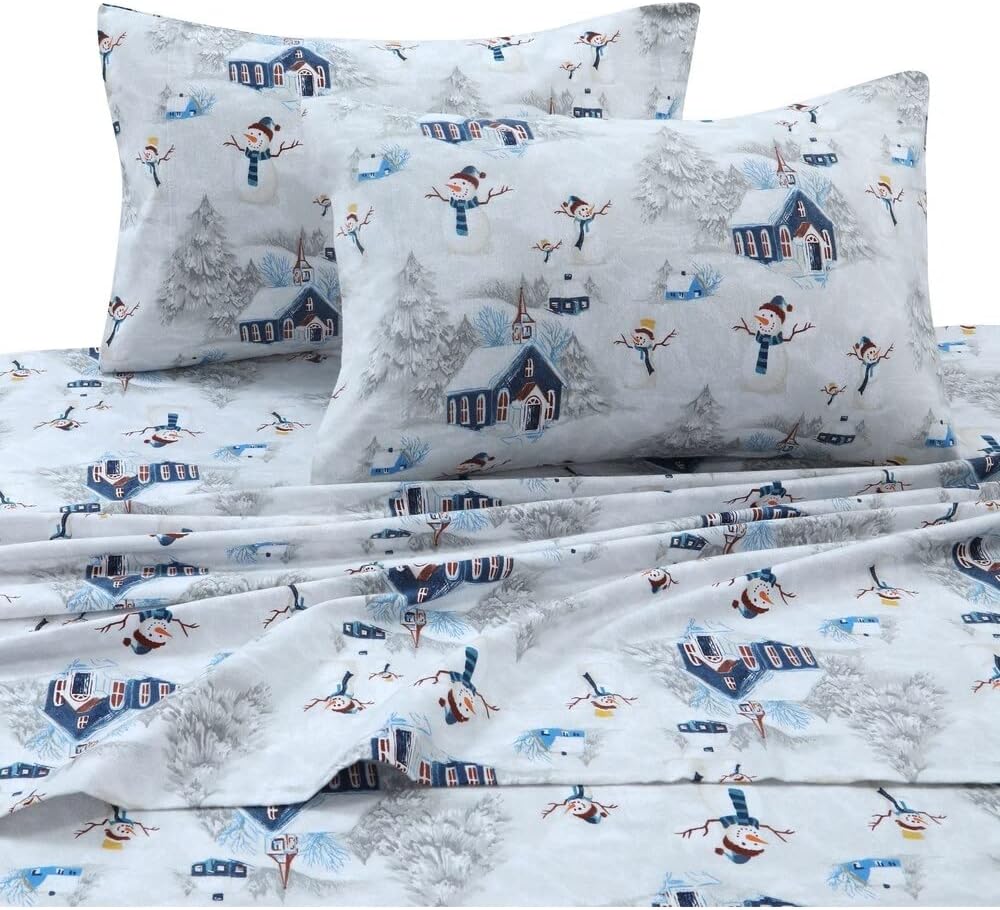 Tribeca Living 100 Cotton Flannel Sheet Set Queen Snowman NavyRed