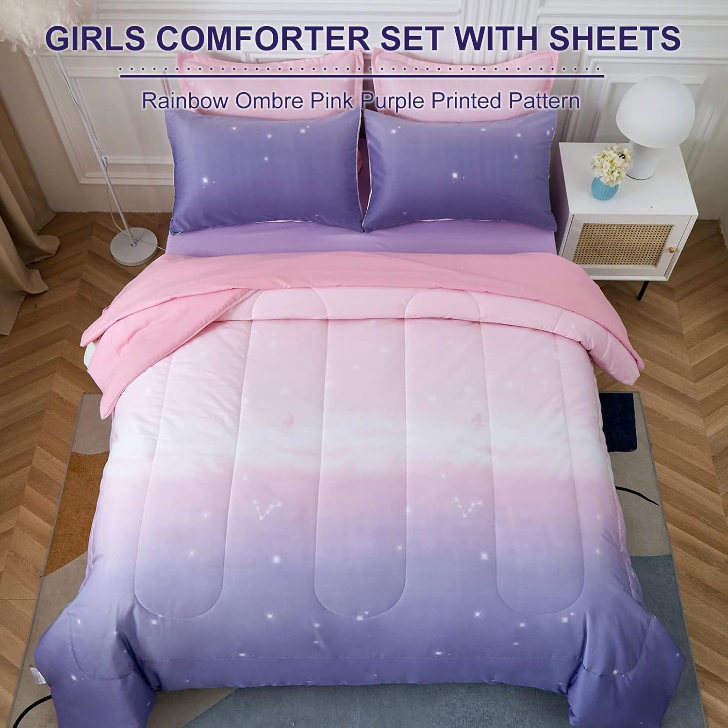 Dinjoy Girls Ombre Comforter Set 7 Piece Bed in a Bag