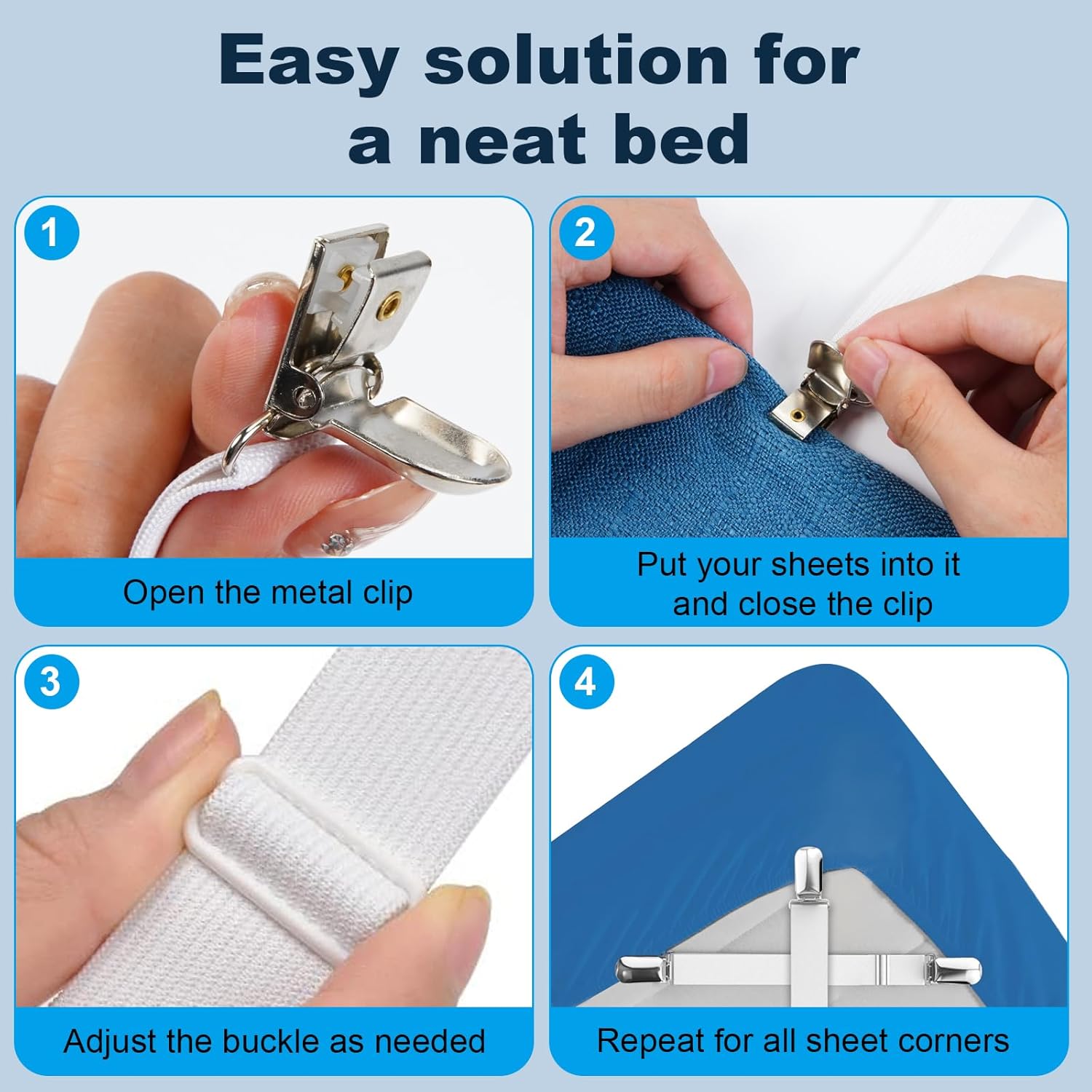 Premium Adjustable Bed Sheet Clips with Elastic Straps and Clips