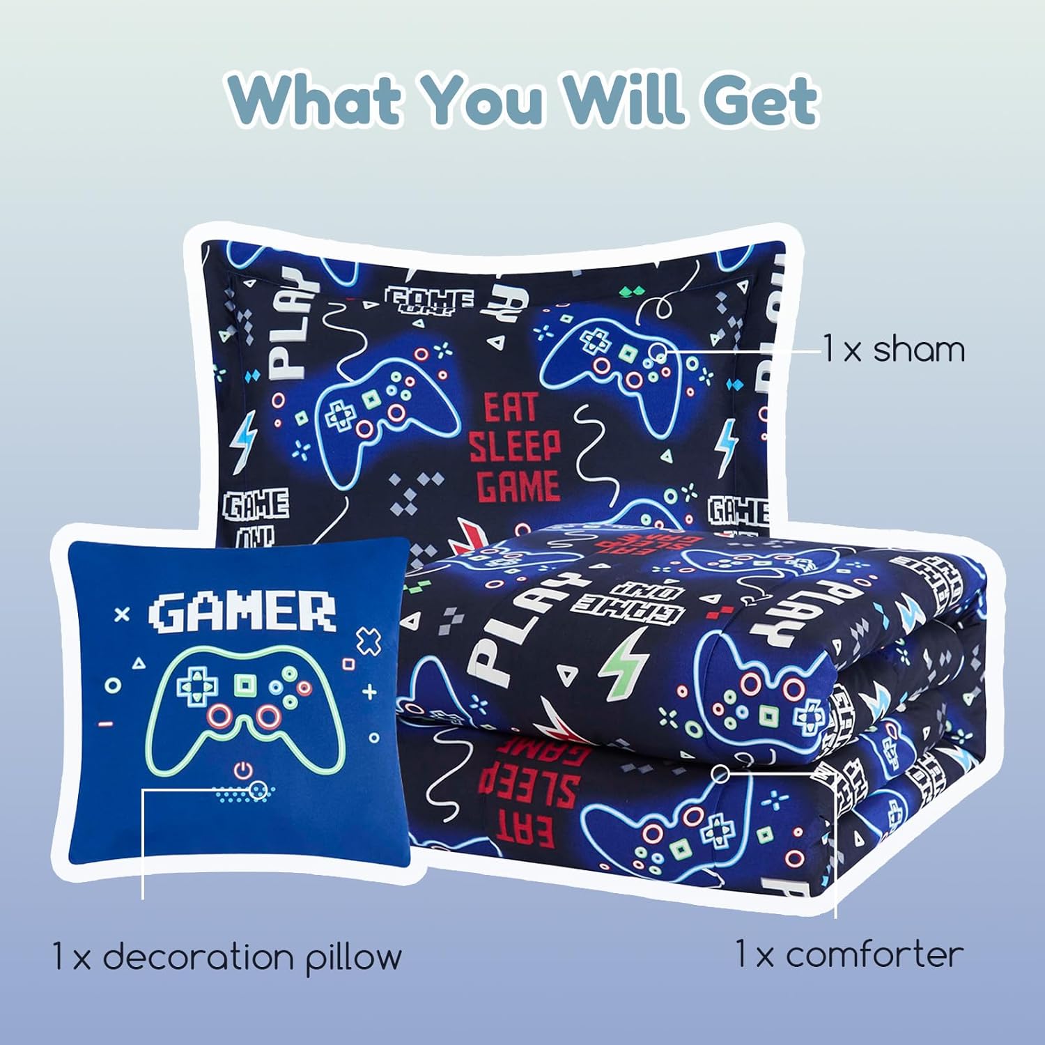 Wink Deer Glow in Dark Gamer Comforter Set for Boys