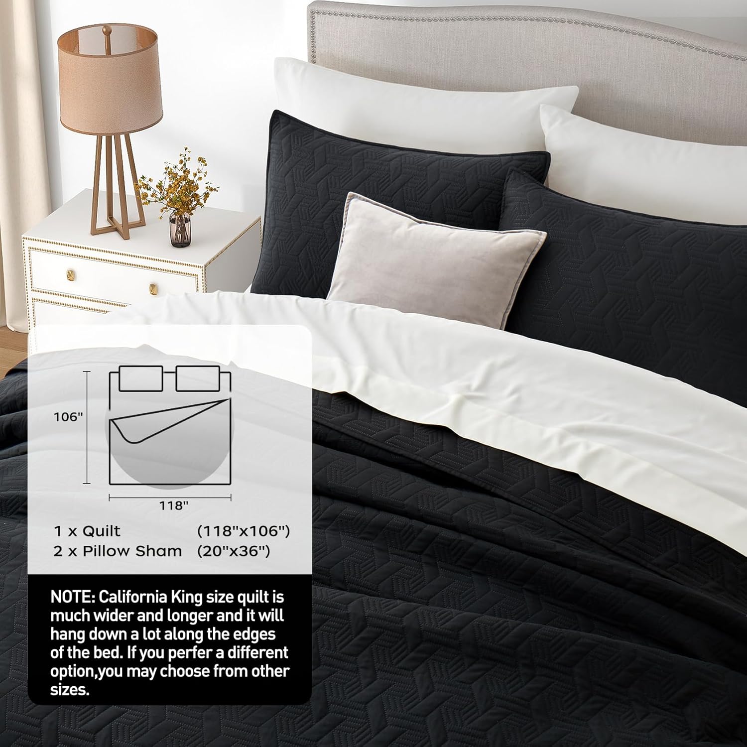 Lavsiry Black Quilt Oversized California King Bedding Set