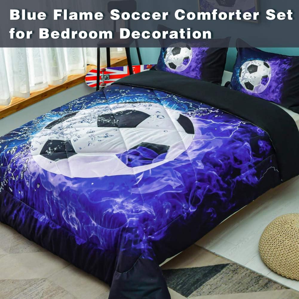 Andency Soccer Comforter Twin Set 2PC Blue Flame