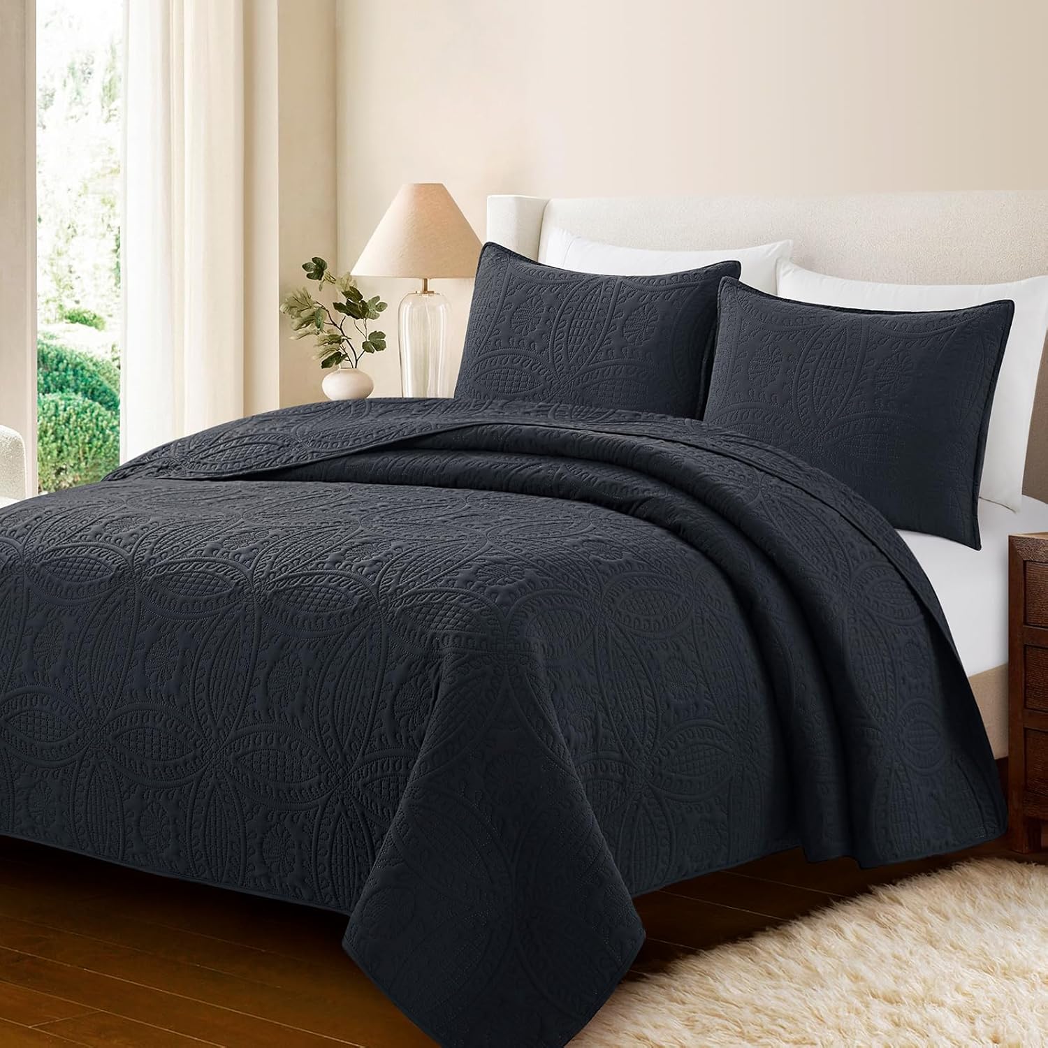 Safonory Quilt Set FullQueen Size 3 Piece Black