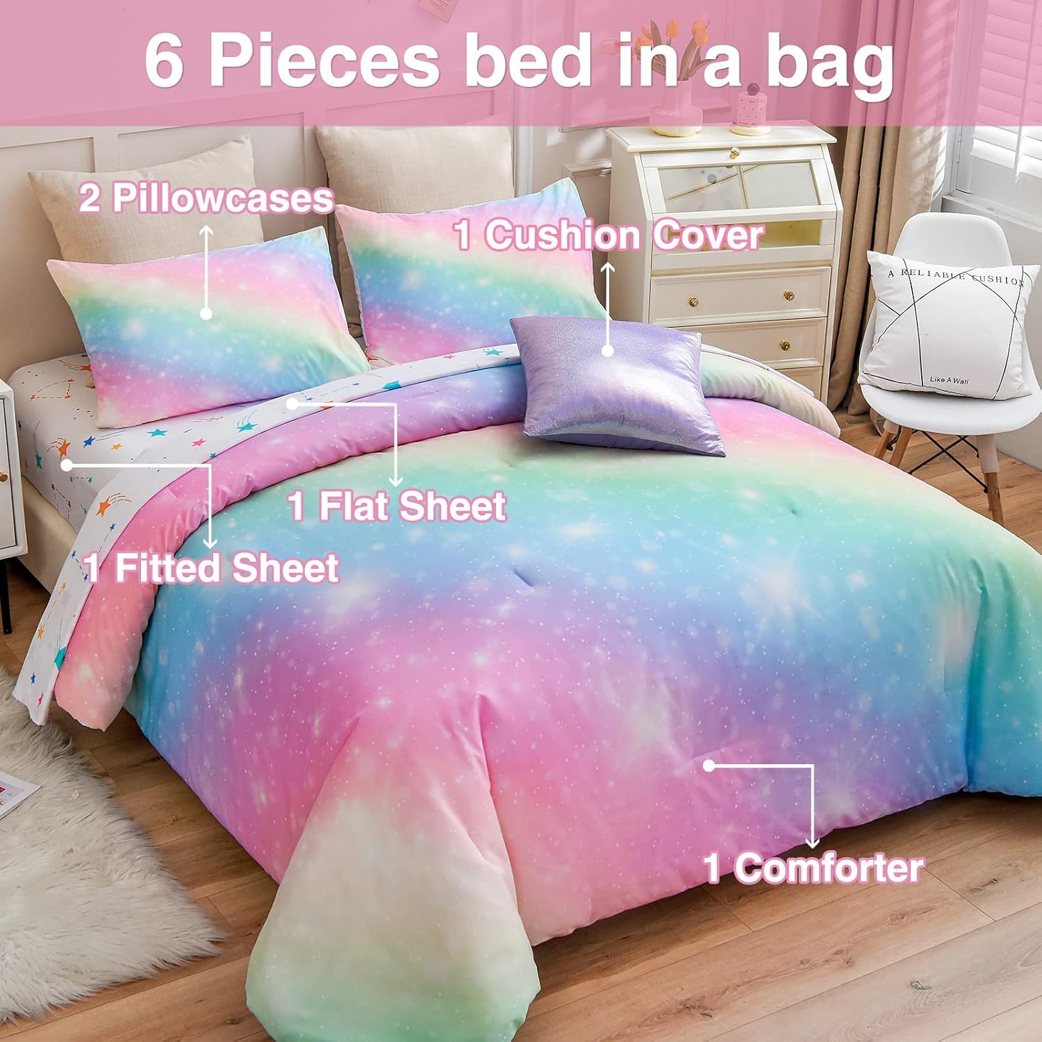 A Nice Night 6Pcs Gradient Glitter Bedding Set for Girls
