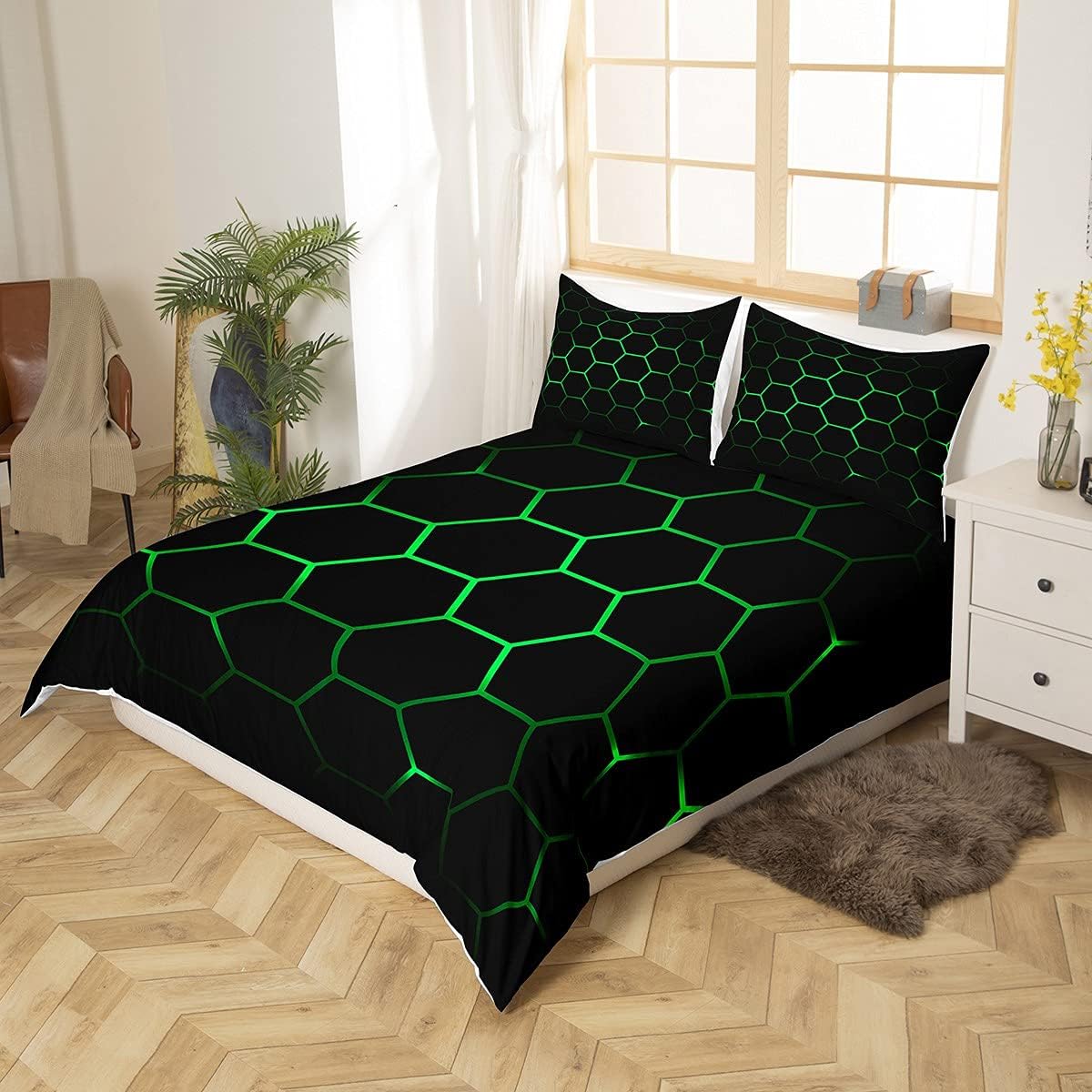 Feelyou Hexagonal Duvet Cover Set Neon Green Black 2Pcs Twin Size
