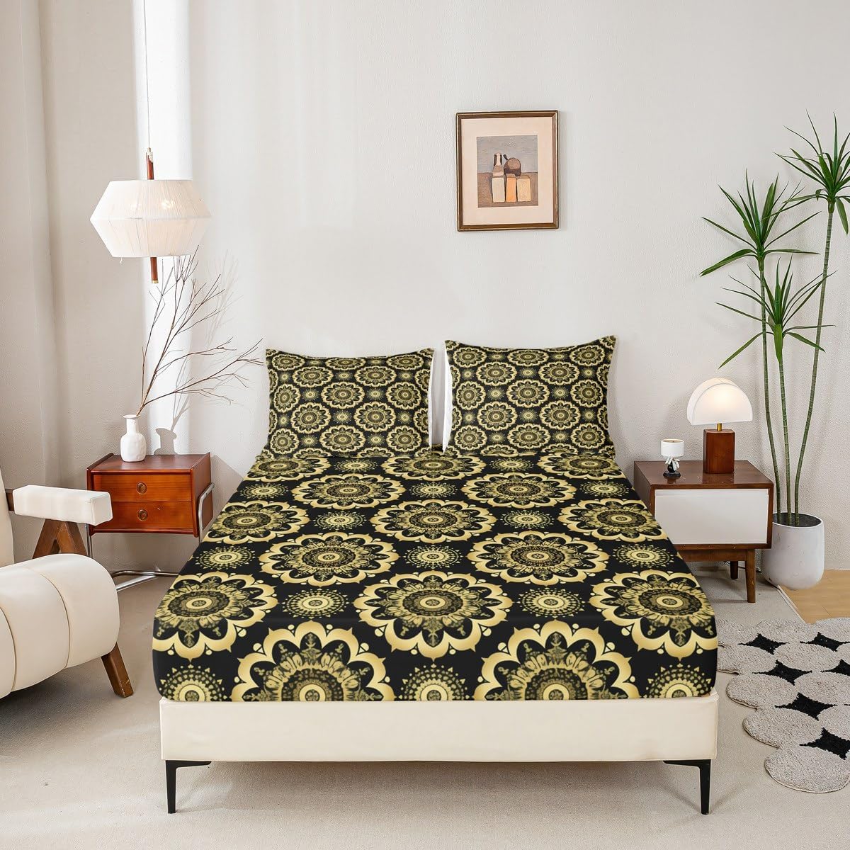 Jejeloiu Paisley Bedding Set with Black Gold Damask Pattern