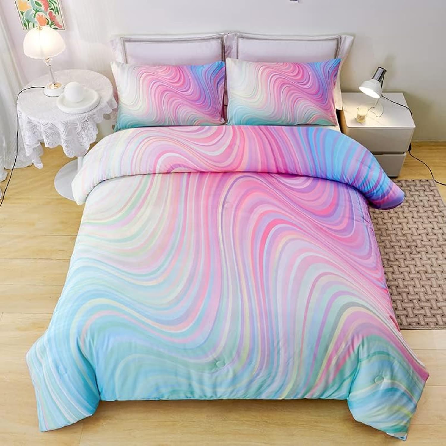 Helloosuu Girls Pink Tie Dye Comforter Set