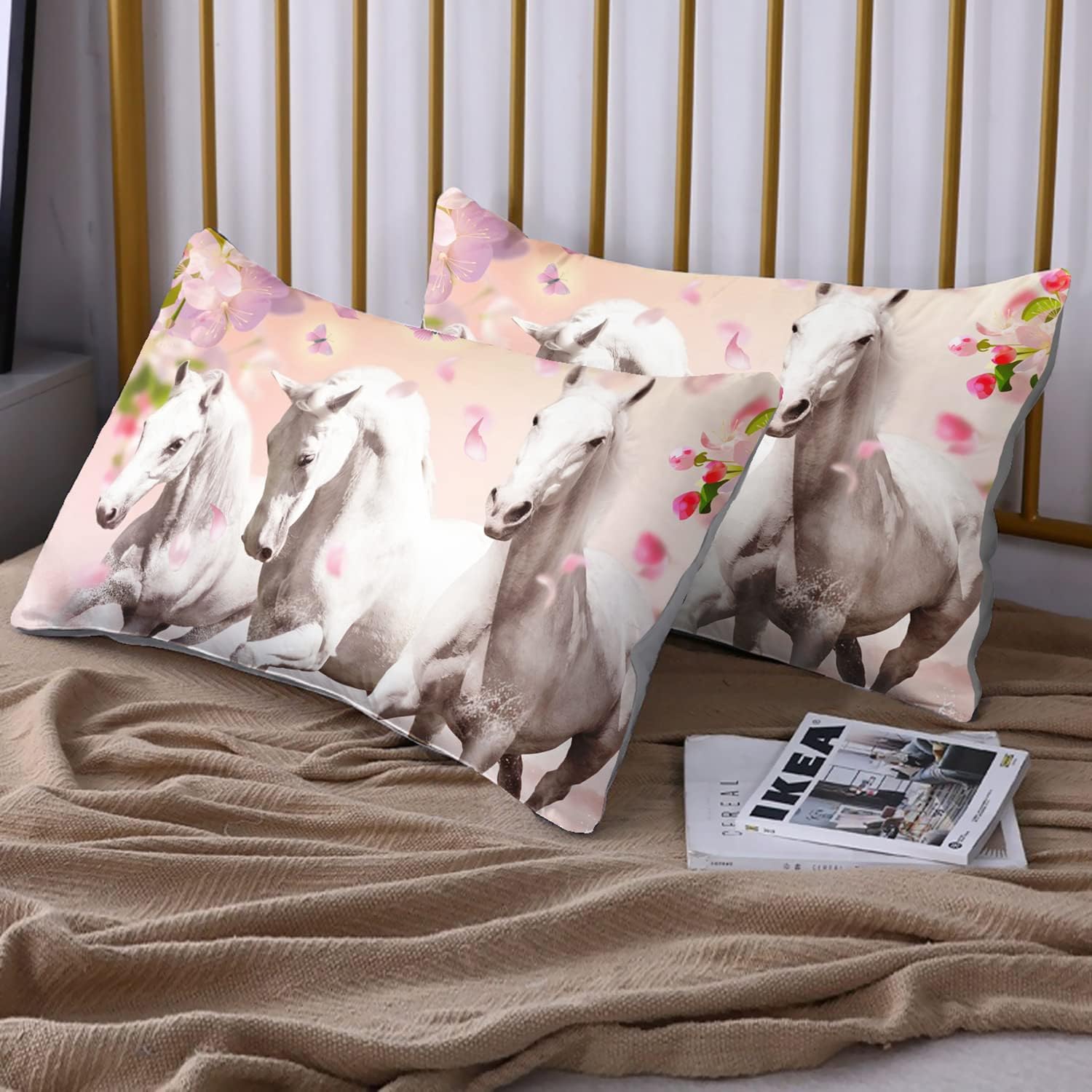 HOSIMA Pink Floral Horse Fitted Sheet Set Twin Size