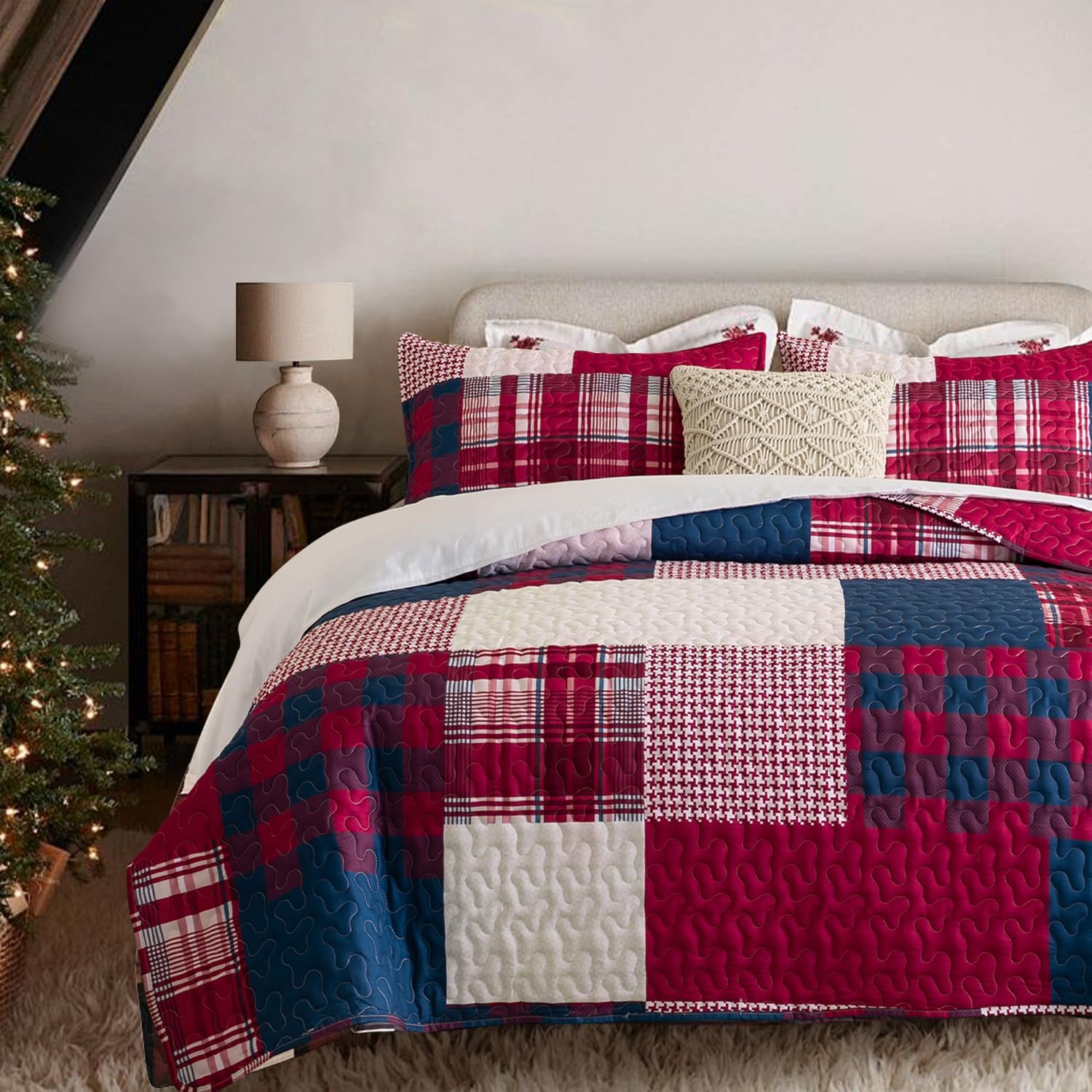 DURLENGEN Red Navy Patchwork Quilt Set 3Pcs