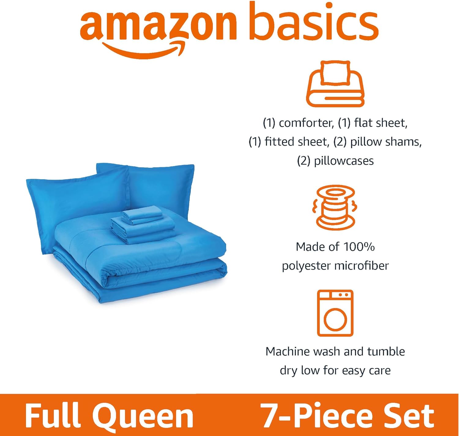 Amazon Basics 7-Piece Microfiber Kids Bed-in-a-Bag Set FullQueen Blue