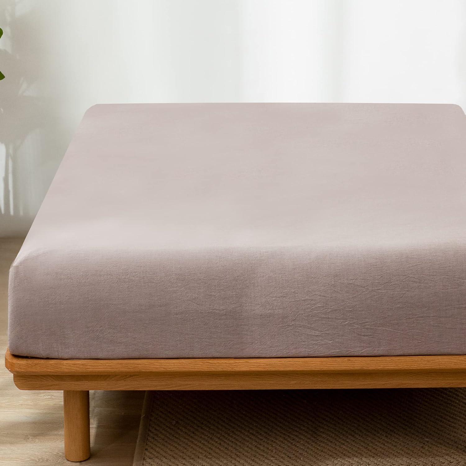 MooMee Fitted Sheet 100 Washed Cotton Queen Mauve Brown