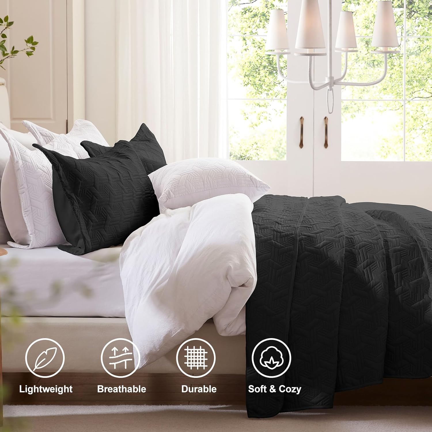 LEAONME King Size Quilt Set 3 Pieces - Black Microfiber Bedspread