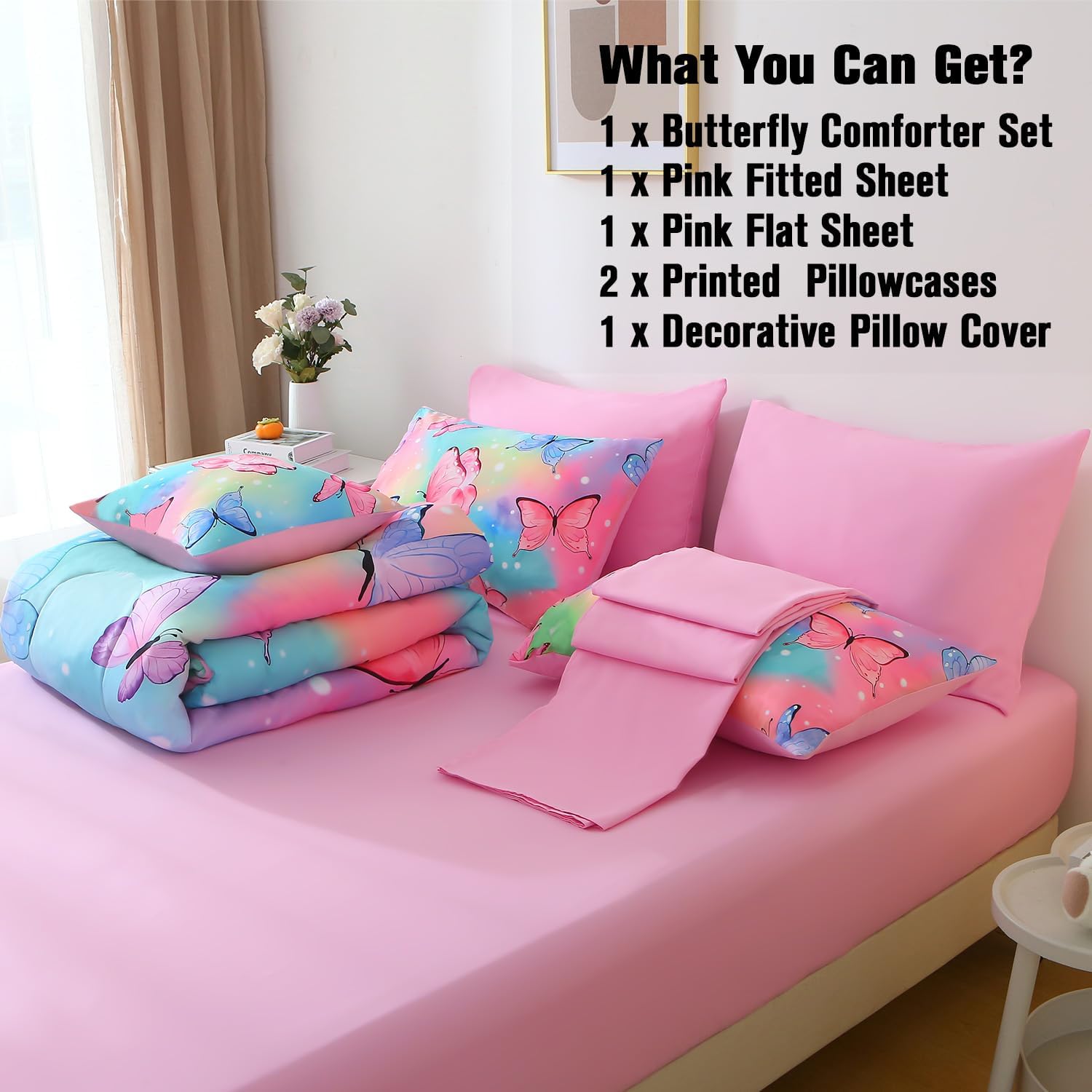 JQinHome 6 Pc Twin Rainbow Butterfly Comforter Set 1
