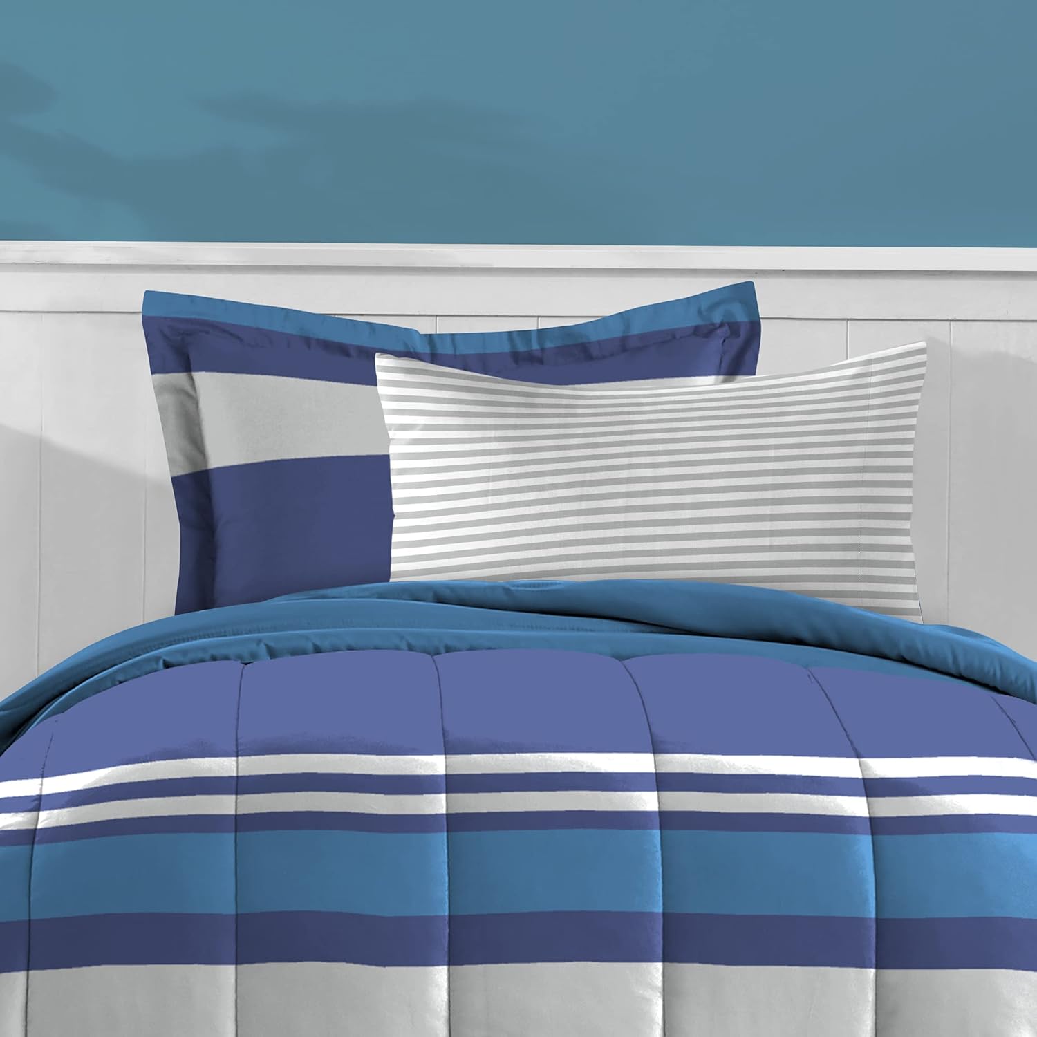 Dream Factory Kids 5-Piece Comforter Set Twin Blue Rugby Stripe