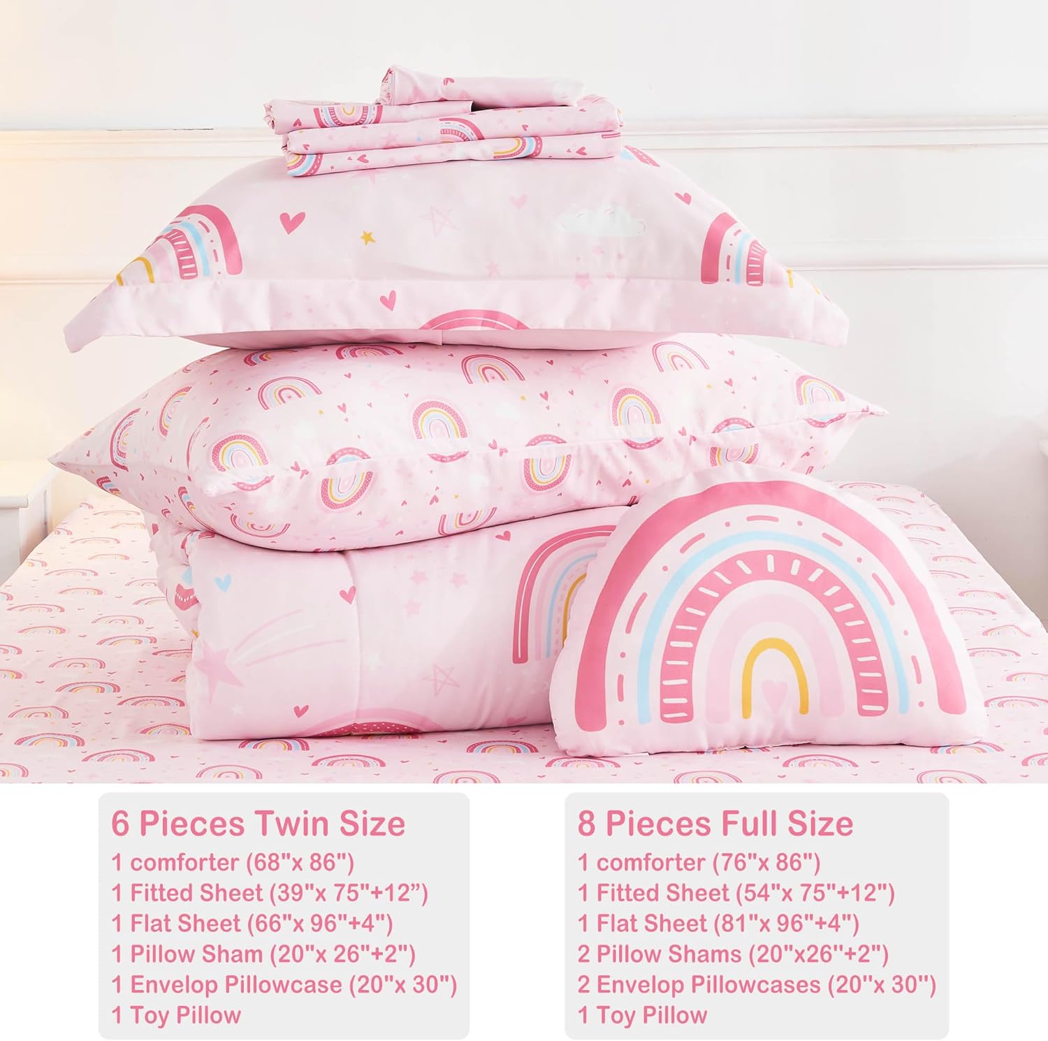 Mooreeke Kids Bed in a Bag Set 6 Pieces Twin Rainbow Pink