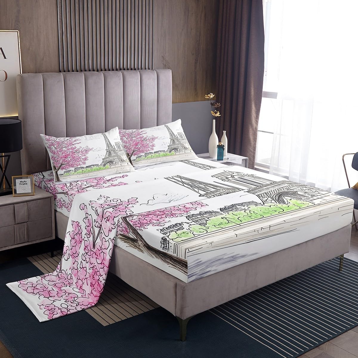jejeloiu Paris Themed Bed Sheet Set King Size