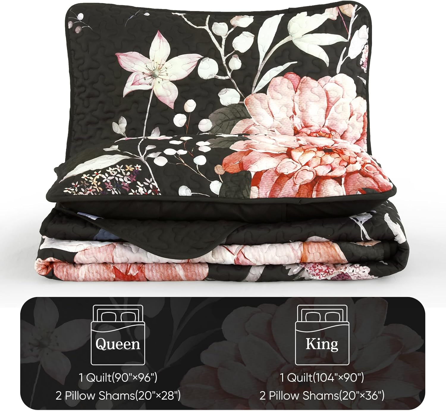 Drucon Black Quilt Queen Set - 3 Piece Pink Floral Bedding