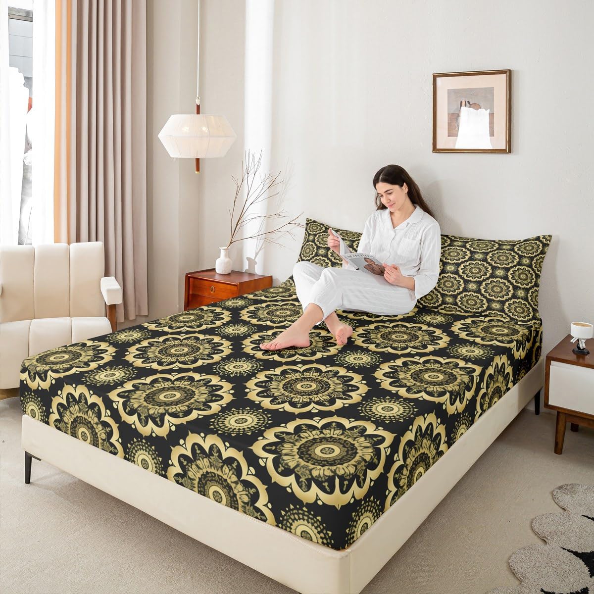 Jejeloiu Paisley Bedding Set with Black Gold Damask Pattern