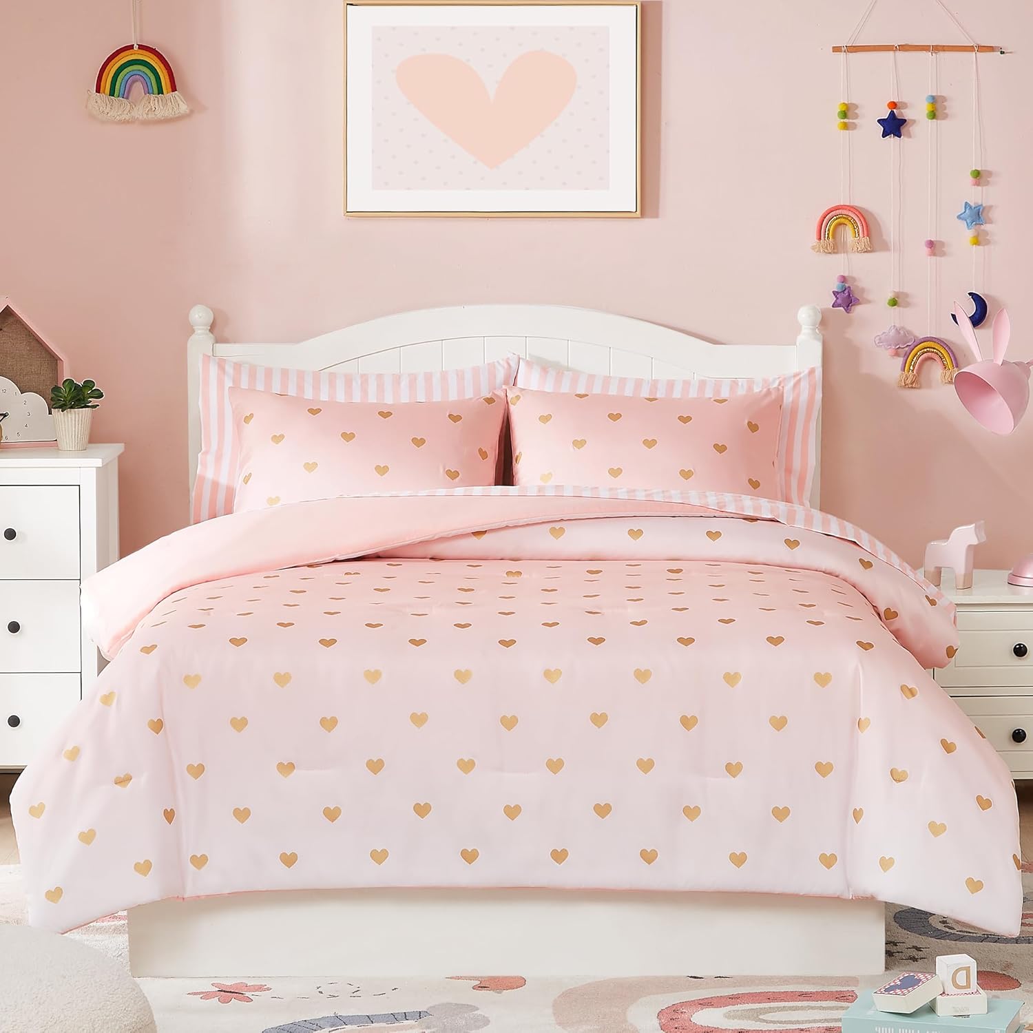 Wink Deer Queen Comforter Set with Sheets Pink Gold Heart 90x90